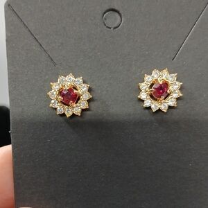Elegant Heavy Gold Plated and Red And White Rhinestones Stud Earrings